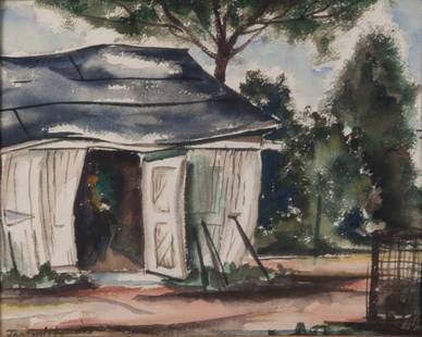 Jack Smith, Missouri Early 20th Century, Figure in a Shed, watercolor on paper: Jack SmithMissouri, Early 20th CenturyFigure in a Shedwatercolor on papersigned lower left, framed.11 x 13 1/2 inches (visible)