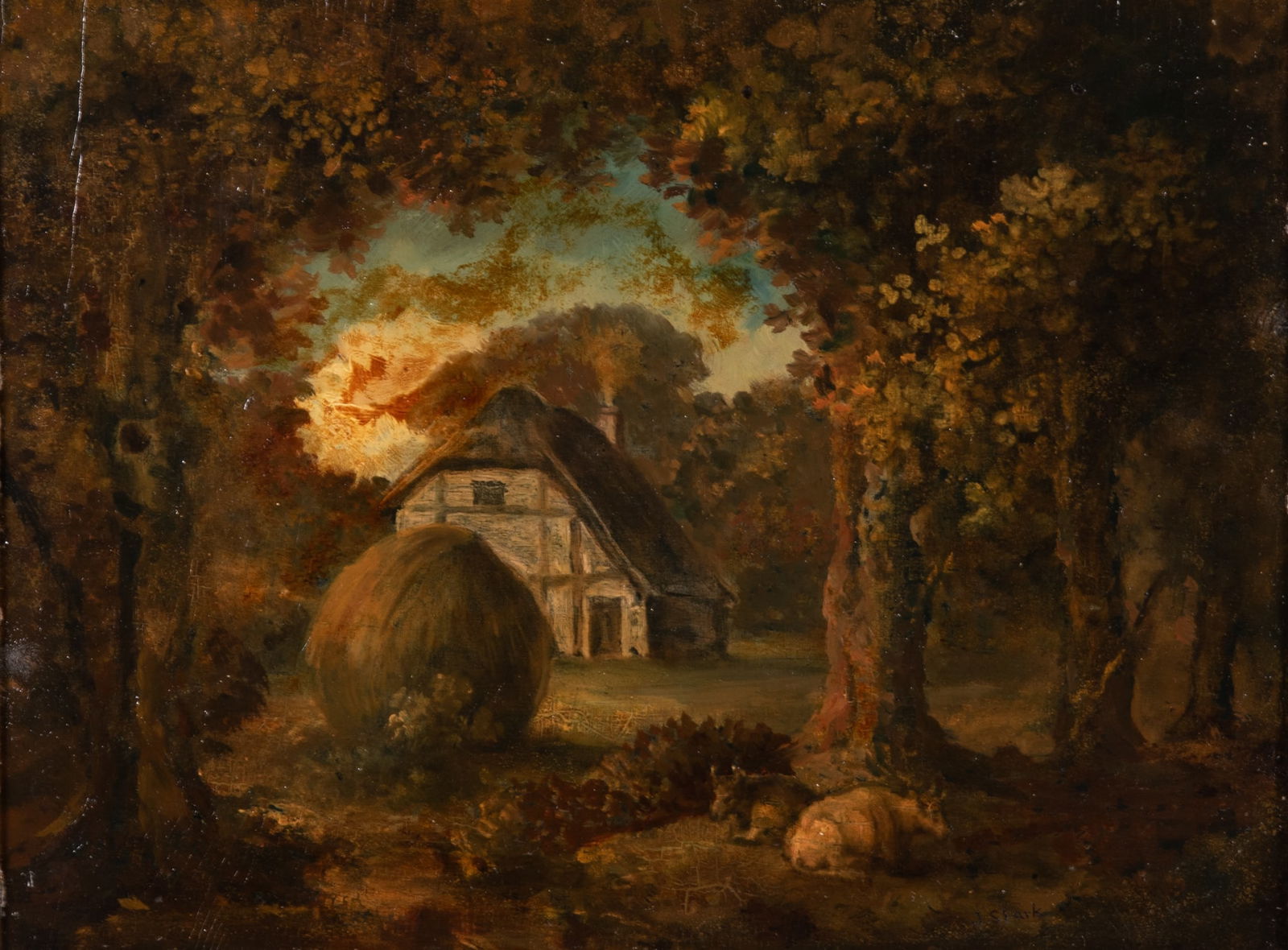 James Stark, England (1794 - 1859), Wooded Scene with Thatched Cottage and Cattle Resting in the: James StarkEngland, (1794 - 1859)Wooded Scene with Thatched Cottage and Cattle Resting in the Foregroundoil on panelsigned lower right, gilt-framed.10 x 13 inches