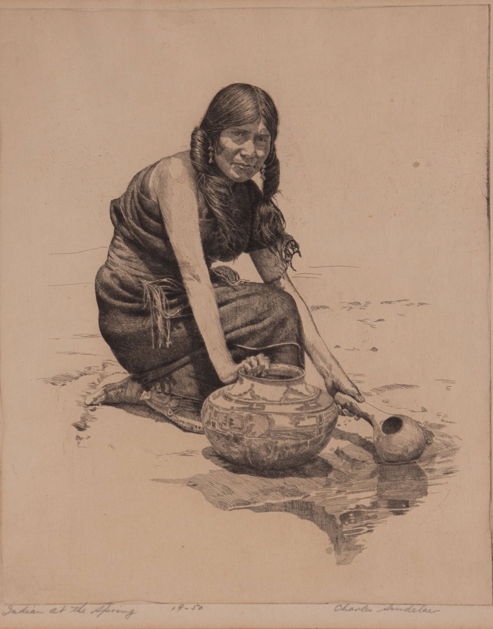 Charles Sindelar, American (1855-1947), Indian at the Spring, ed. 19/50, etching (1 of 4)