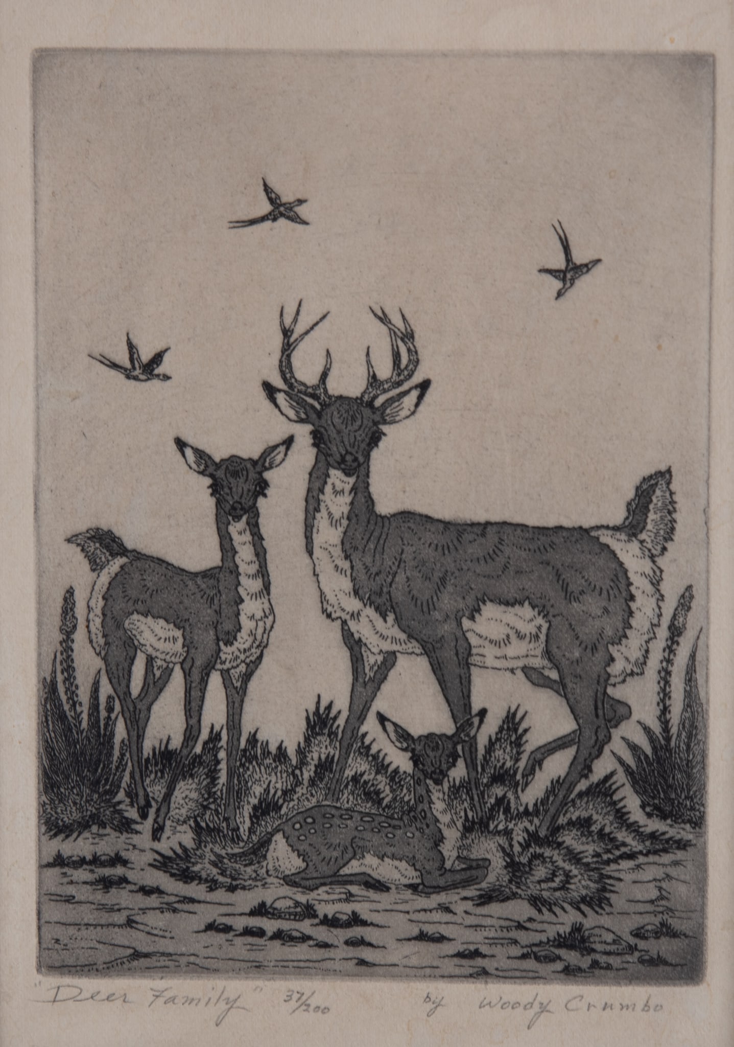 Woody Crumbo, American/Creek/Potawatomi (1912-1989), Deer Family, etching, ed. 37/200 (1 of 3)