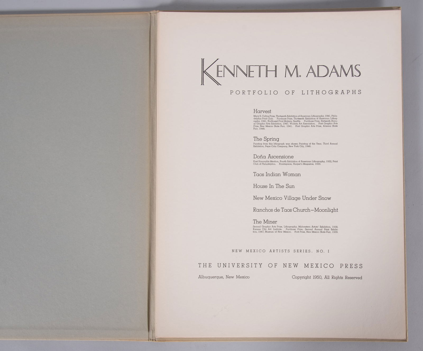 Kenneth Miller Adams, New Mexico/Kansas (1897-1966), Portfolio of Lithographs, New Mexico Artists: Kenneth Miller AdamsNew Mexico/Kansas, (1897-1966)Portfolio of Lithographs, New Mexico Artists Series No 1portfolio of eight offset lithographsNew Mexico Artists Series No. 1, The University of New Me