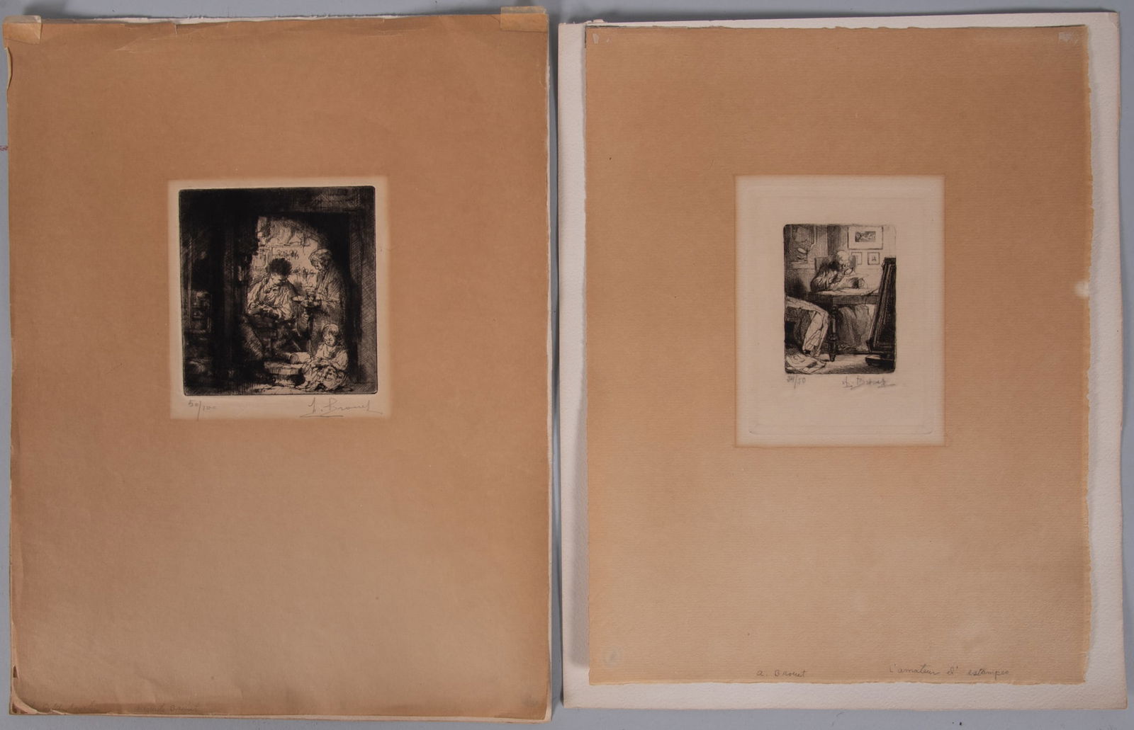 Auguste Brouet, France (1872-1941), L'Amateur d'Etampes, and Interior Genre Scene, two etchings, ed. (1 of 4)