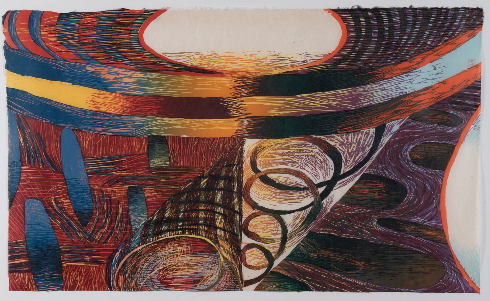 Karen Kunc, Whirling World Below, 1989, color woodcut, ed. 9/40: Karen KuncWhirling World Below, 1989color woodcut, ed. 9/40signed, dated, titled, and numbered in pencil upper left, framed.29 x 43 7/8 inches