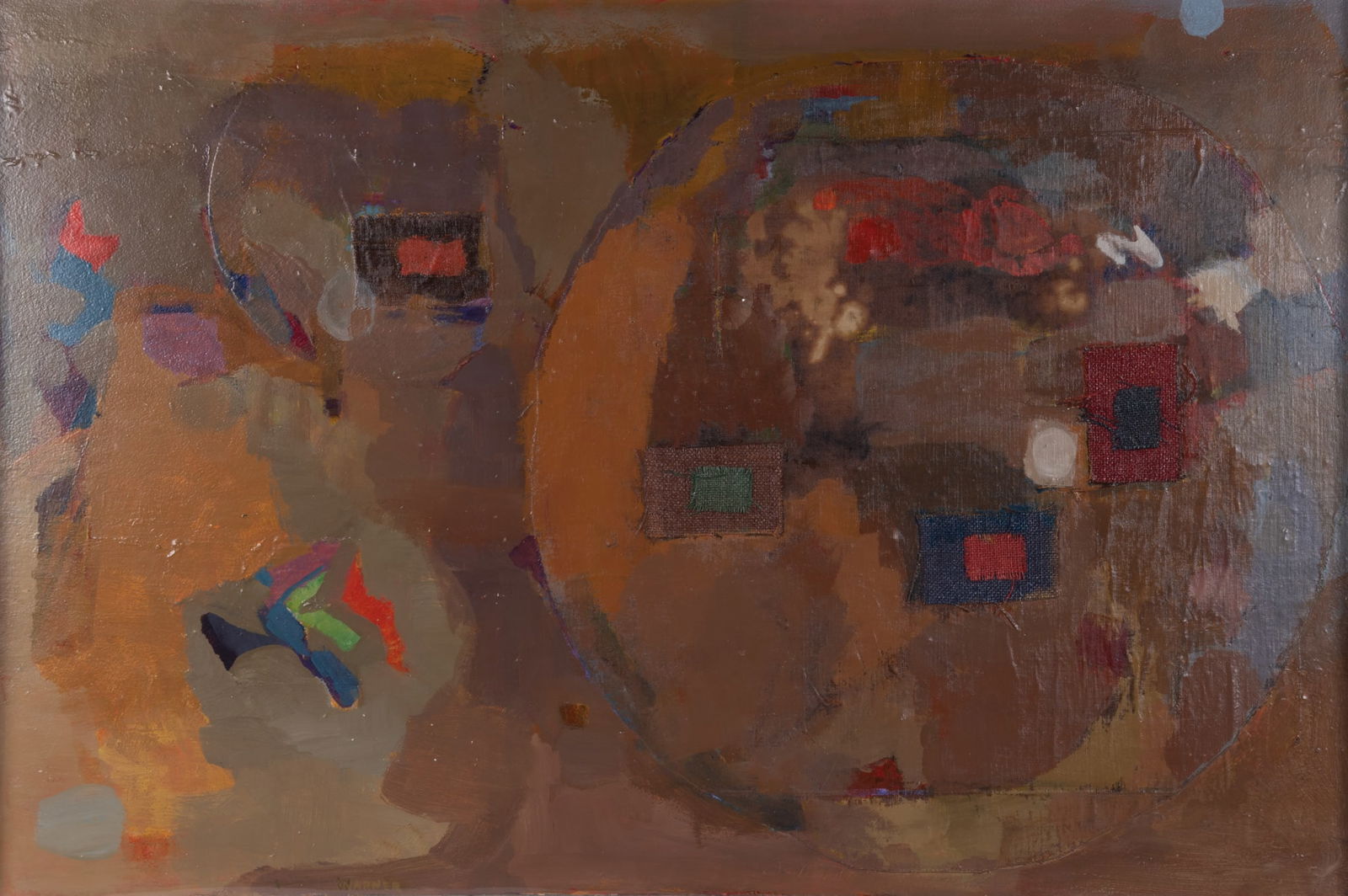 Elsa Warner, California, Arizona, Illinois (1900-1988), The Activity of the Sun, 1968, acrylic with: Elsa WarnerCalifornia, Arizona, Illinois, (1900-1988)The Activity of the Sun, 1968acrylic with collage on boardin an acrylic shadowbox frame.33 x 48 inches