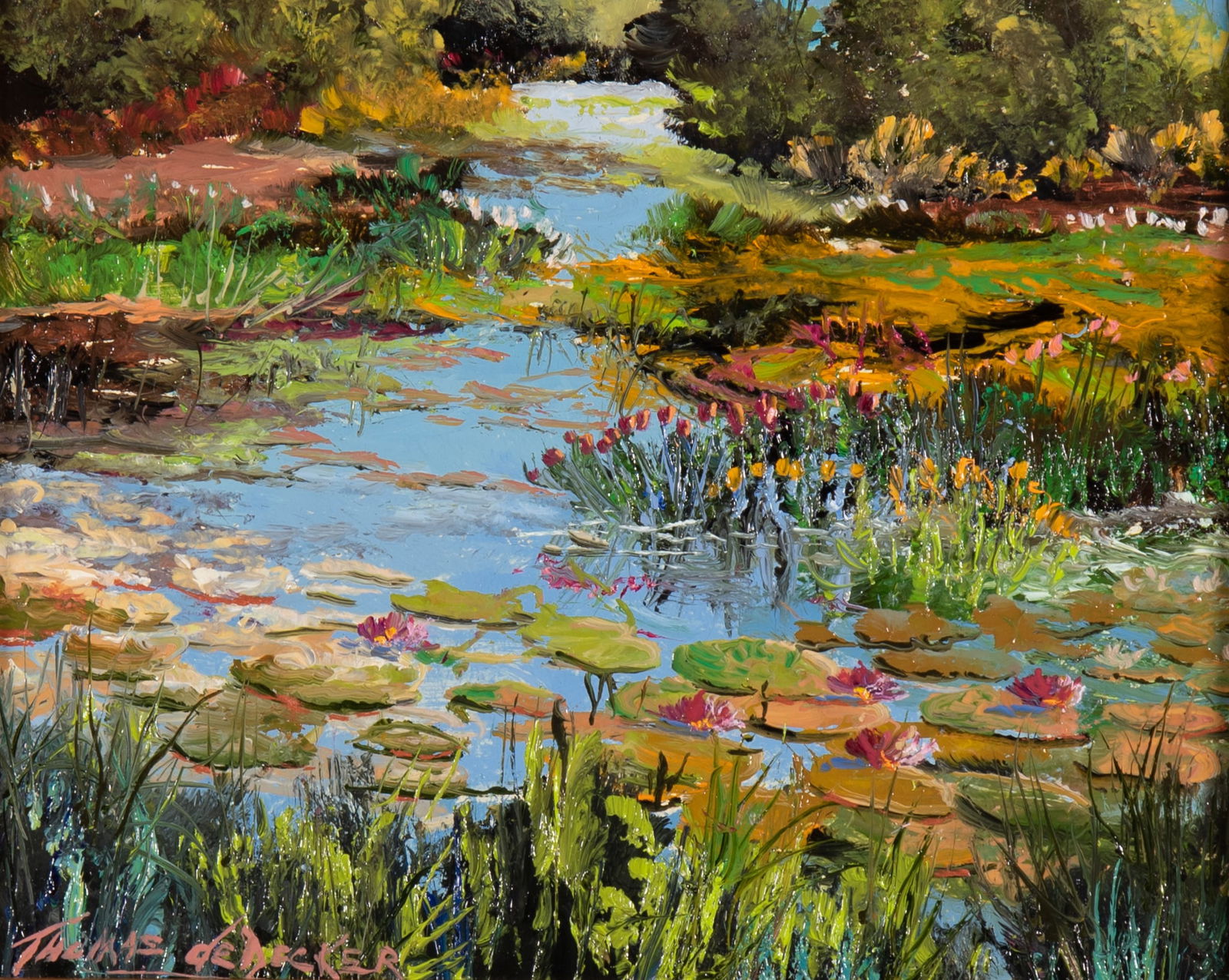 Thomas A. DeDecker, American (b. 1951), Floral Pondscape, oil on board (1 of 5)