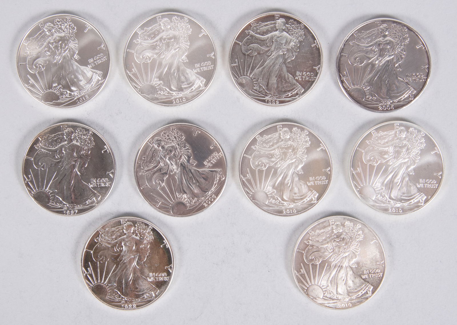 10 Uncirculated Silver Eagles (1987, 1988, 1992, two 2006, four 2010, and 2015) (1 of 1)