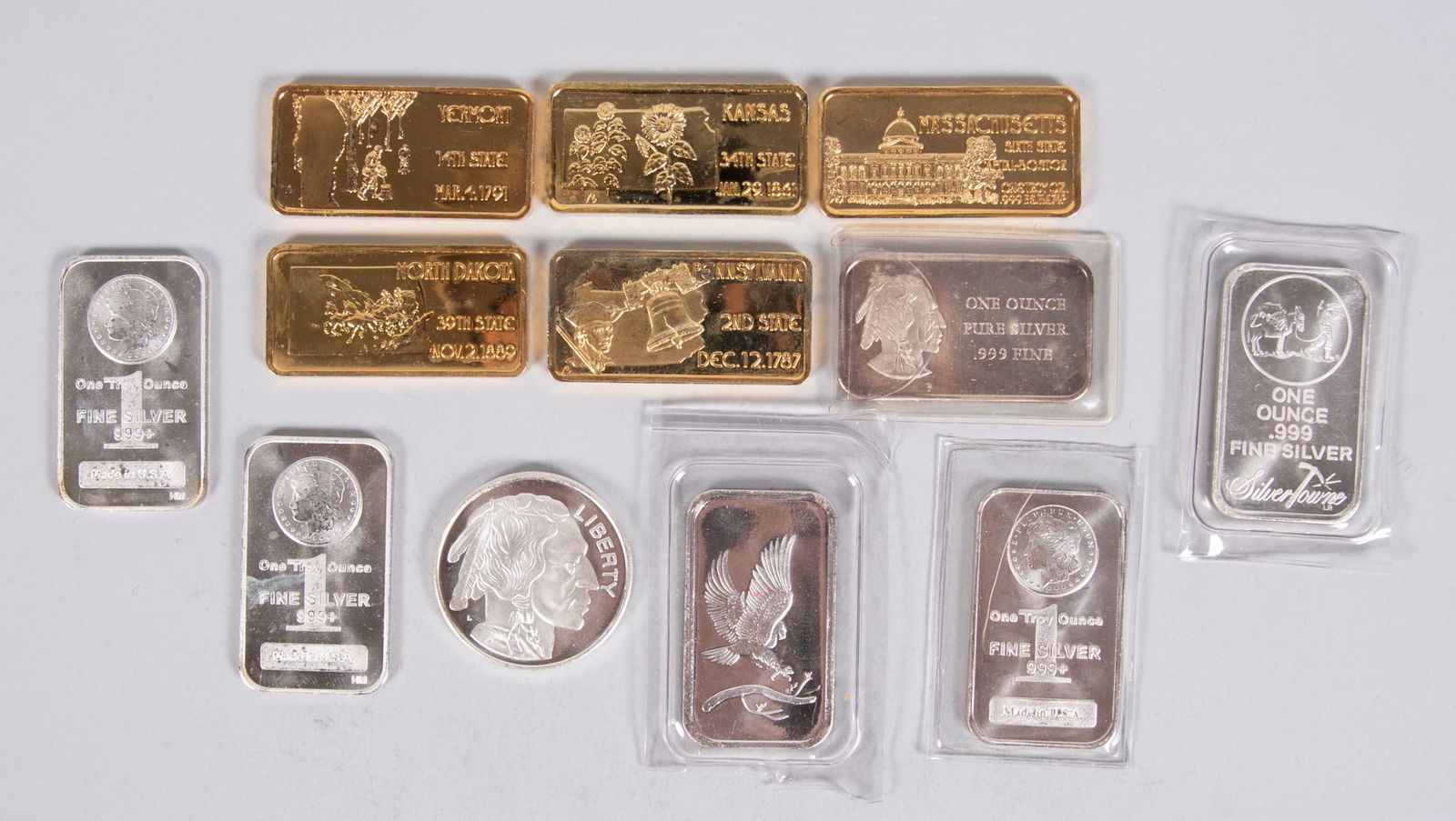 11 Mixed Silver Bars and One Silver Buillon: 11 Mixed Silver Bars
