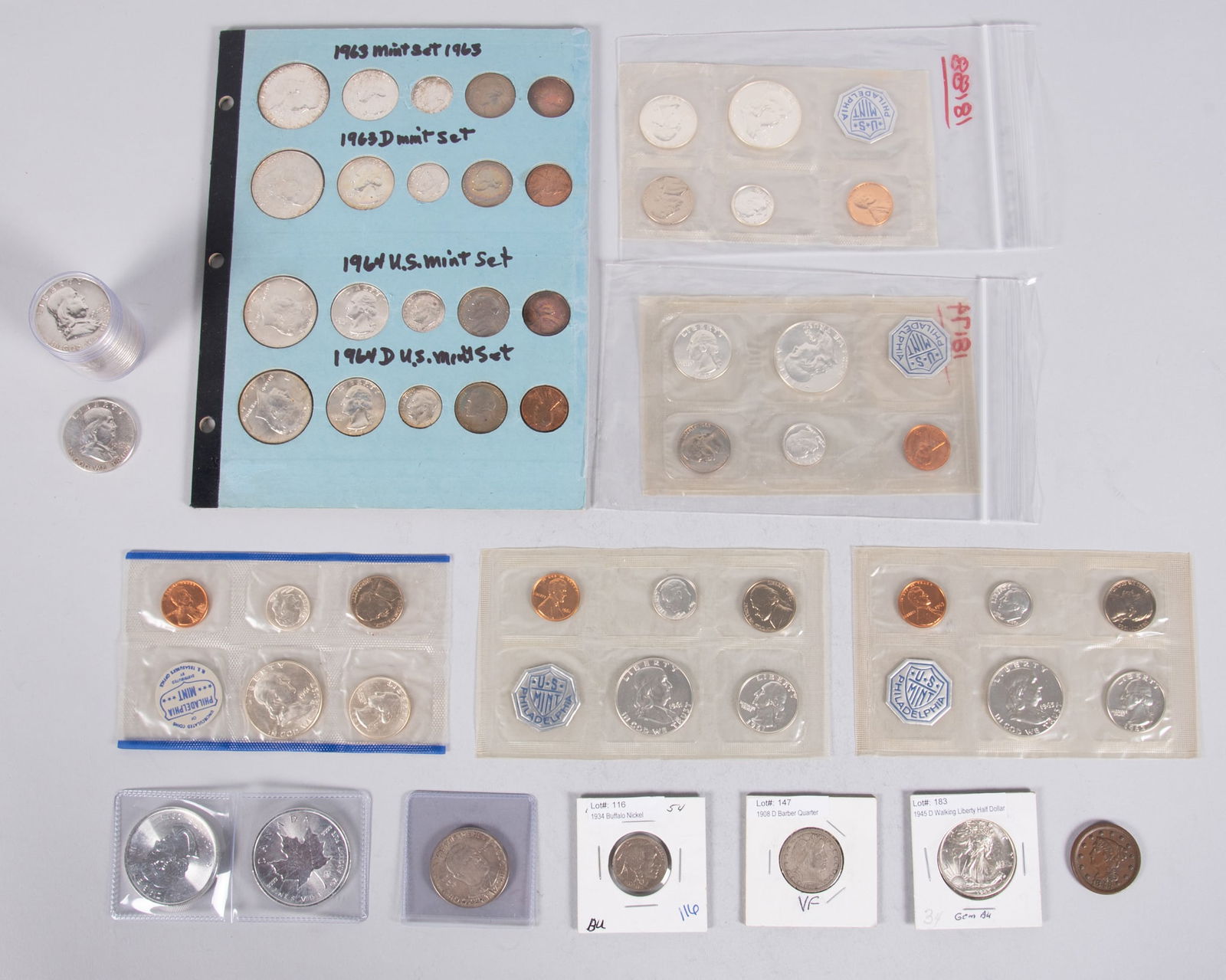 5 Franklin Mint Sets, 2oz Canada Maple Leaf Coins, 2 1963 Uncirculated sets, 2 1964, Uncirculated (1 of 5)