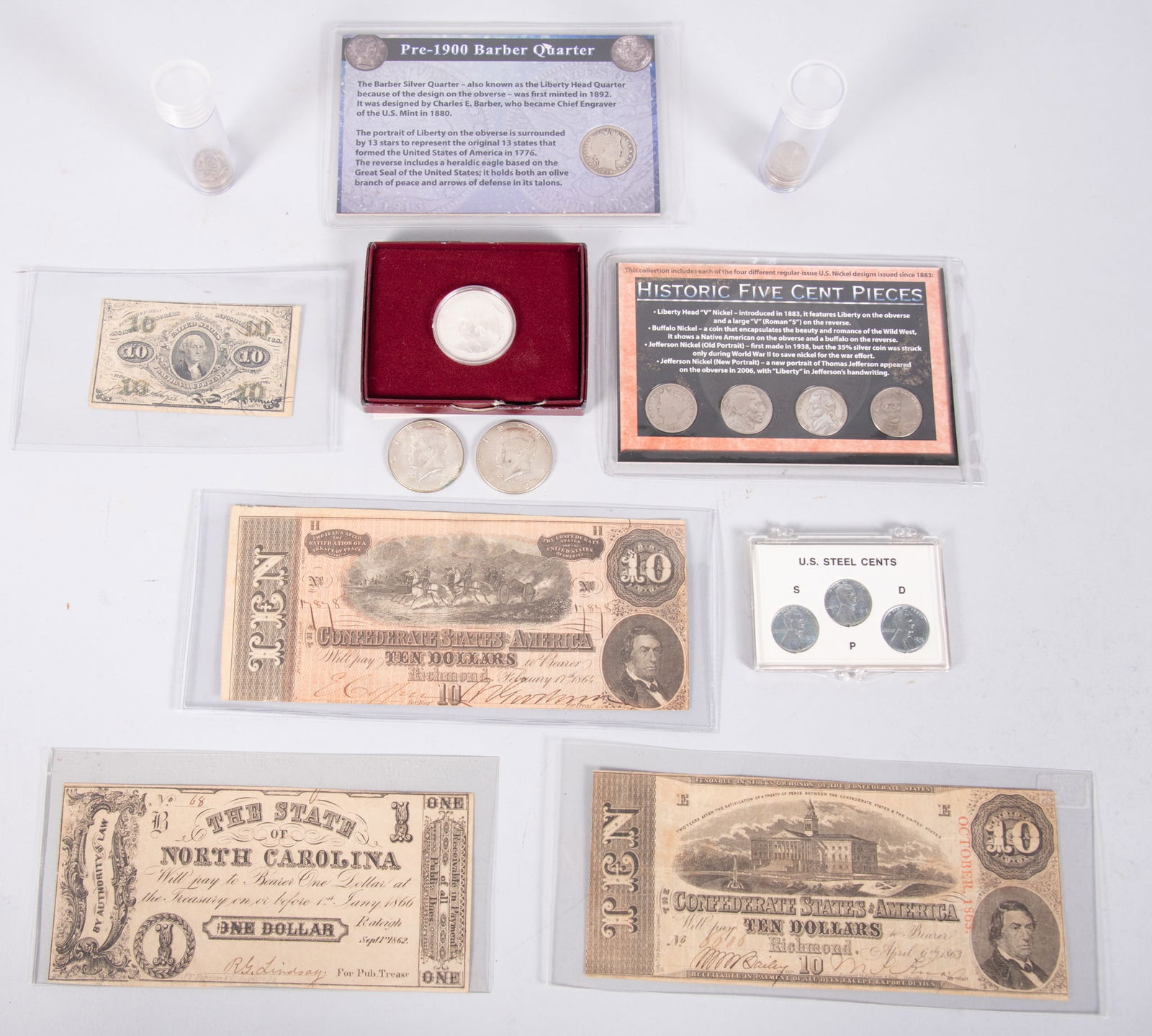 1 Ten-cent Fractional Currency, 2 40-percent silver half dollars, 15 mixed silver dimes 90, percent (1 of 4)