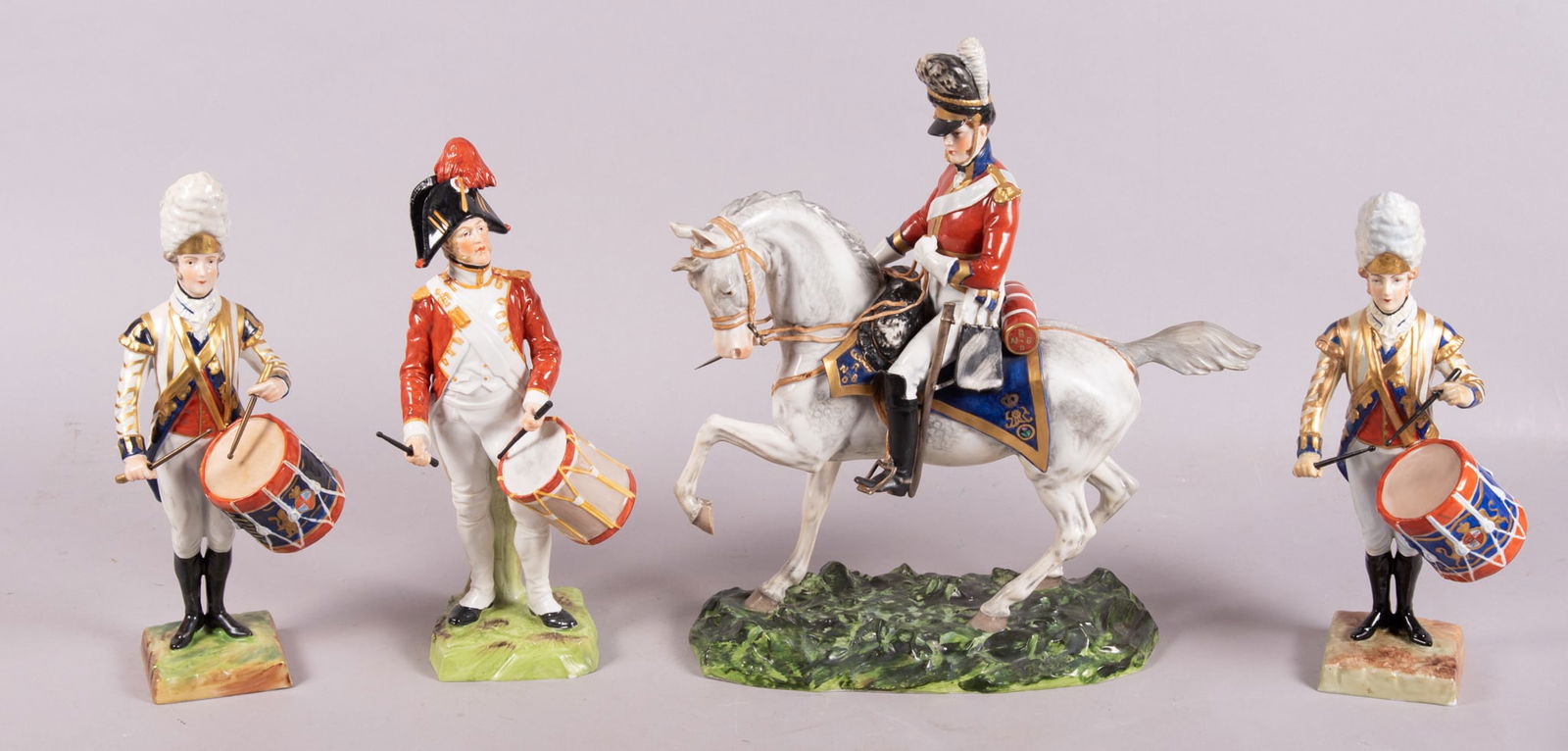 Four Porcelain Military Figures, Drummers and Guard on Horseback (1 of 5)