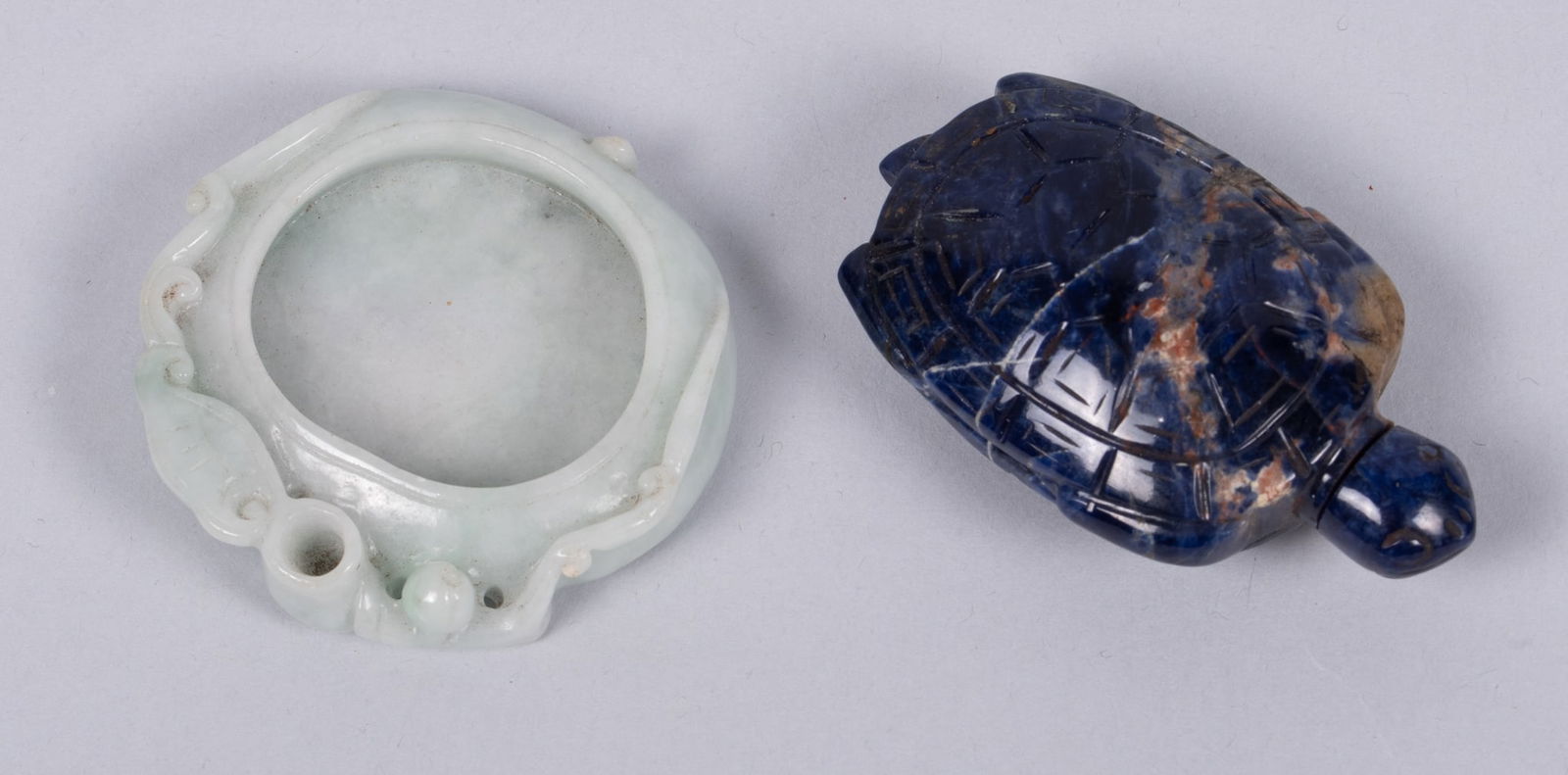 Two Vintage Chinese Carvings, Jade Wash Pot and Lapis Snuff Bottle (1 of 3)