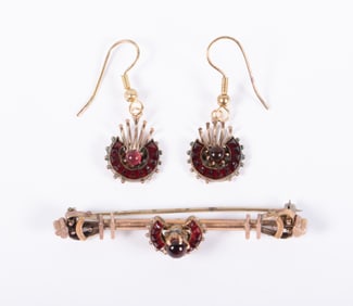 Victorian Bohemian Garnet Bar Pin w/ Earrings