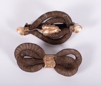 Victorian Hairwork Brooches with Yellow Gold Decorations & Mounts