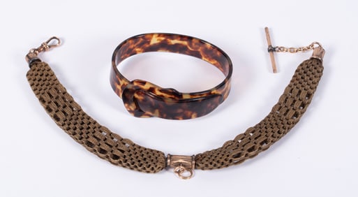 Antique Buckle Bracelet Along With a Hairwork Watch Chain