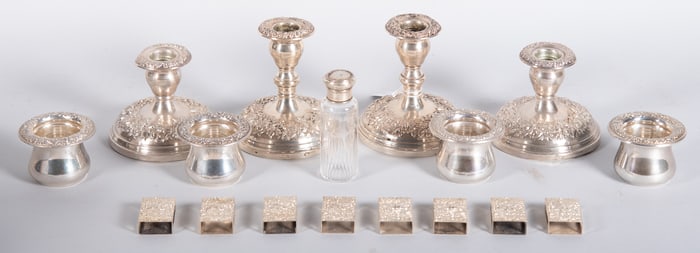 Kirk Repousse Sterling Candlesticks, Match Box Covers, Toothpick Holders