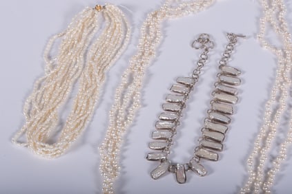 Sterling/Baroque Pearl Necklace plus Two Sets of Multi Strand FWP