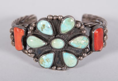 Zuni Sterling Silver Bracelet with Turquoise and Coral, Signed