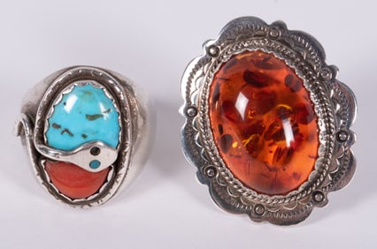 Sterling Amber Ring along with Zuni Turquoise Coral Snake Ring