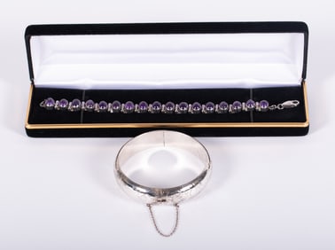 Sterling Bangle Bracelet plus Amethyst Link Bracelet by Acleoni