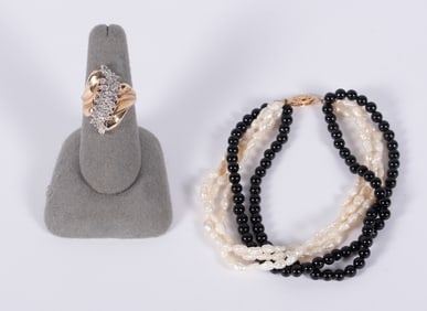 10K Gold & Diamond Ring with Pearl & Onyx Bracelet