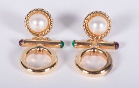 14K Yellow Gold and Pearl Contemporary Design Earrings
