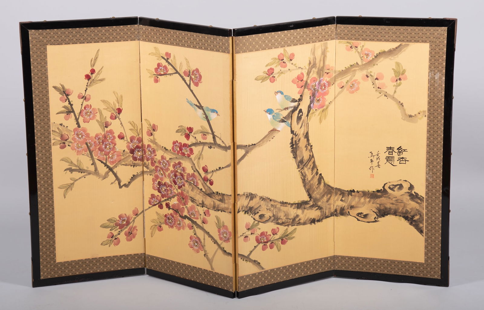 Antique Four-Paneled Chinese Screen Featuring Cherry Blossoms and Three Blue Birds (1 of 4)