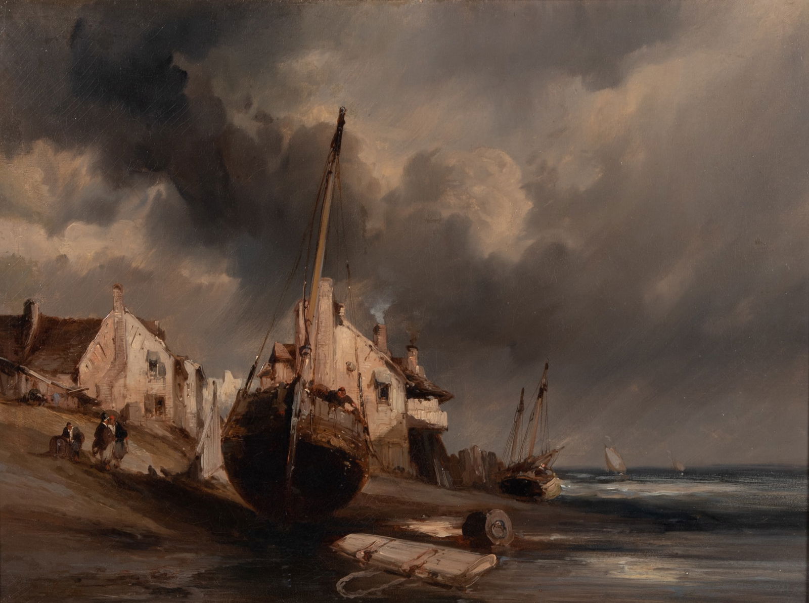 Continental 19th Century, Sailing Vessels on Shore, oil on canvas, lined (1 of 5)