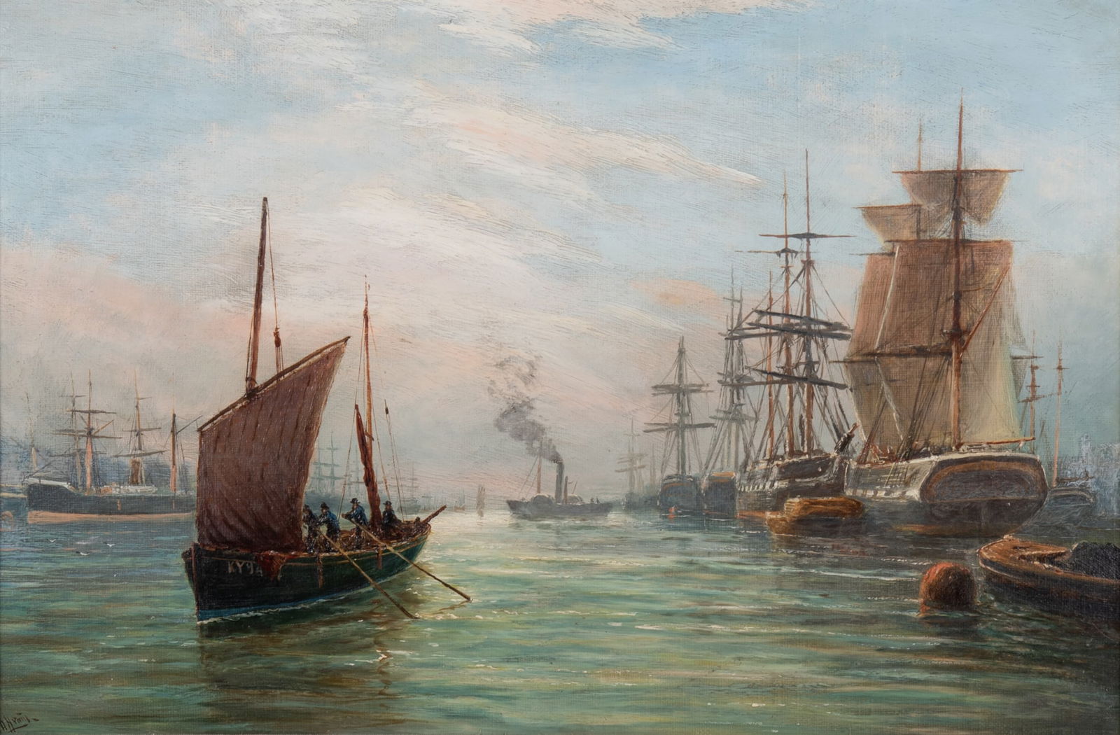 Bernard Benedict Hemy, United Kingdom, Australia (1845-1913), Busy Harbor with Clipper Ships, oil on: Bernard Benedict HemyUnited Kingdom, Australia, (1845-1913)Busy Harbor with Clipper Shipsoil on canvassigned lower left, gilt-framed.12 x 18 inches, overall with frame: 19 x 24 3/4 inches