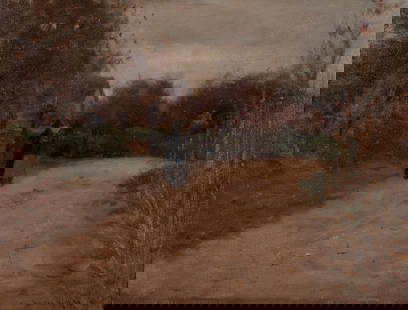 Gustav(e) Wolff, New York/Missouri/Germany (1863-1935), Figures on a Path, 1898, oil on canvas: Gustav(e) WolffNew York/Missouri/Germany, (1863-1935)Figures on a Path, 1898oil on canvassigned and dated lower right, gilt-framed.14 x 18 inches