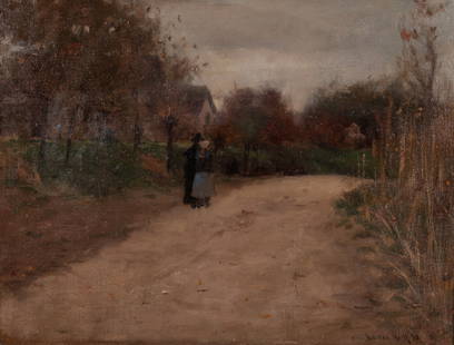 Gustav(e) Wolff, New York/Missouri/Germany (1863-1935), Figures on a Path, 1898, oil on canvas: Gustav(e) Wolff New York/Missouri/Germany, (1863-1935) Figures on a Path, 1898 oil on canvas signed and dated lower right, gilt-framed. 14 x 18 inches