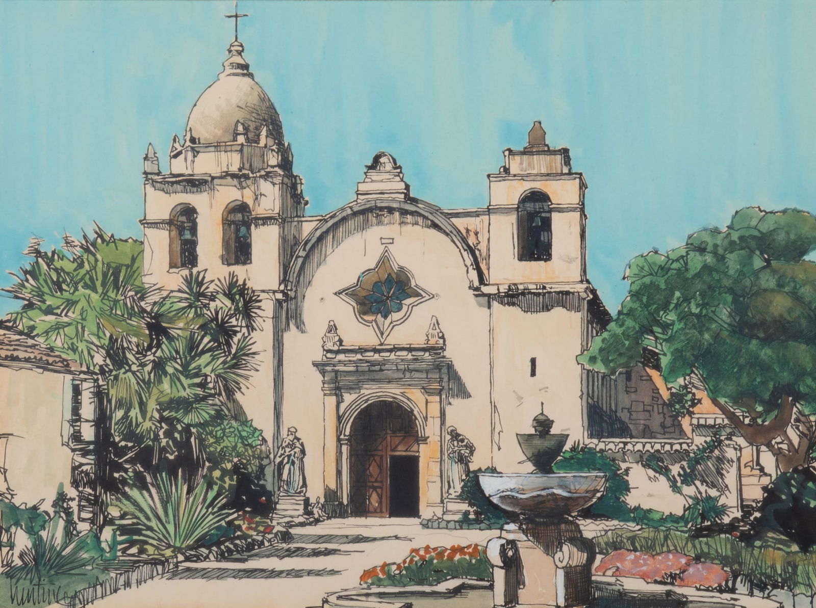 John Lentine, California (1930-1968), Mission of San Carlos Borromeo, ink and watercolor on paper: John LentineCalifornia, (1930-1968)Mission of San Carlos Borromeoink and watercolor on papersigned lower left, framed.11 1/4 x 15 inches (visible)