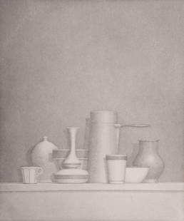 William H Bailey, American 1930-2020, Untitled, Still Life, 1982, etching, ed. 42/50: William H Bailey American, 1930-2020 Untitled, Still Life, 1982 etching, ed. 42/50 signed, dated, and numbered in pencil lower margin, framed. 13 3/4 x 11 5/8 inches