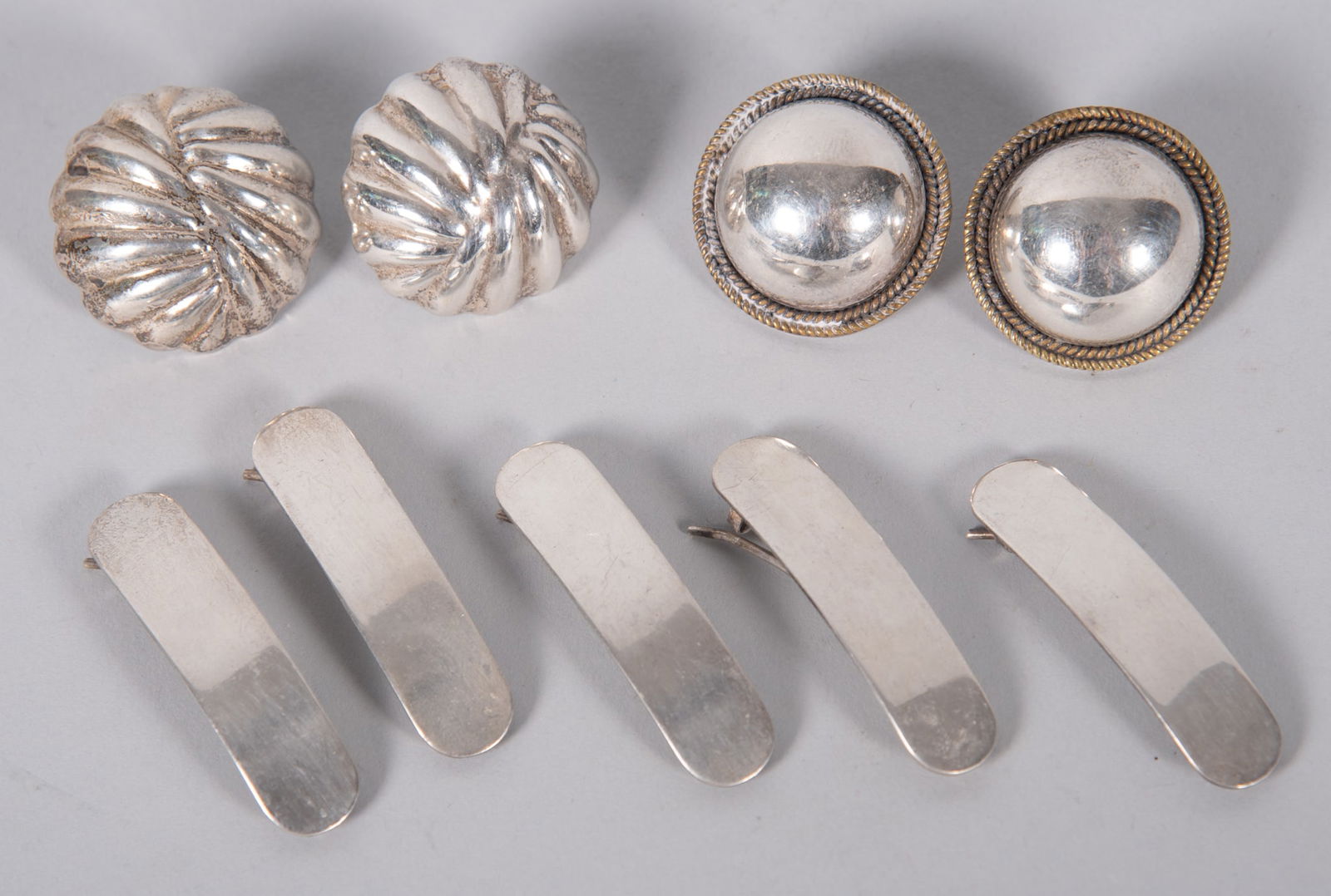 Two Pairs Mexican Sterling Silver Earrings Together with Five Sterling Silver Barrettes (1 of 2)