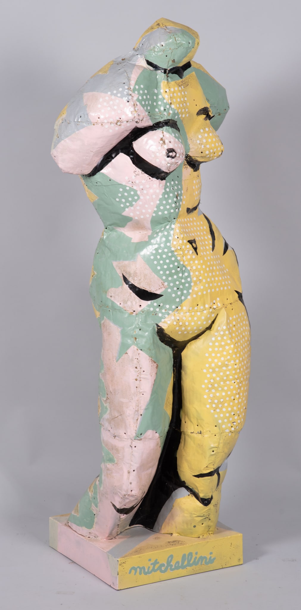 Gary Mitchell Female Sculpture, 2007: Gary Mitchell Female Sculpture, 2007 Three-quarter female nude figure, painted aluminum sheets, welded, on a 14 x 14-inch square base, signed Mitchellini 52 1/2 x 20 x 15 inches