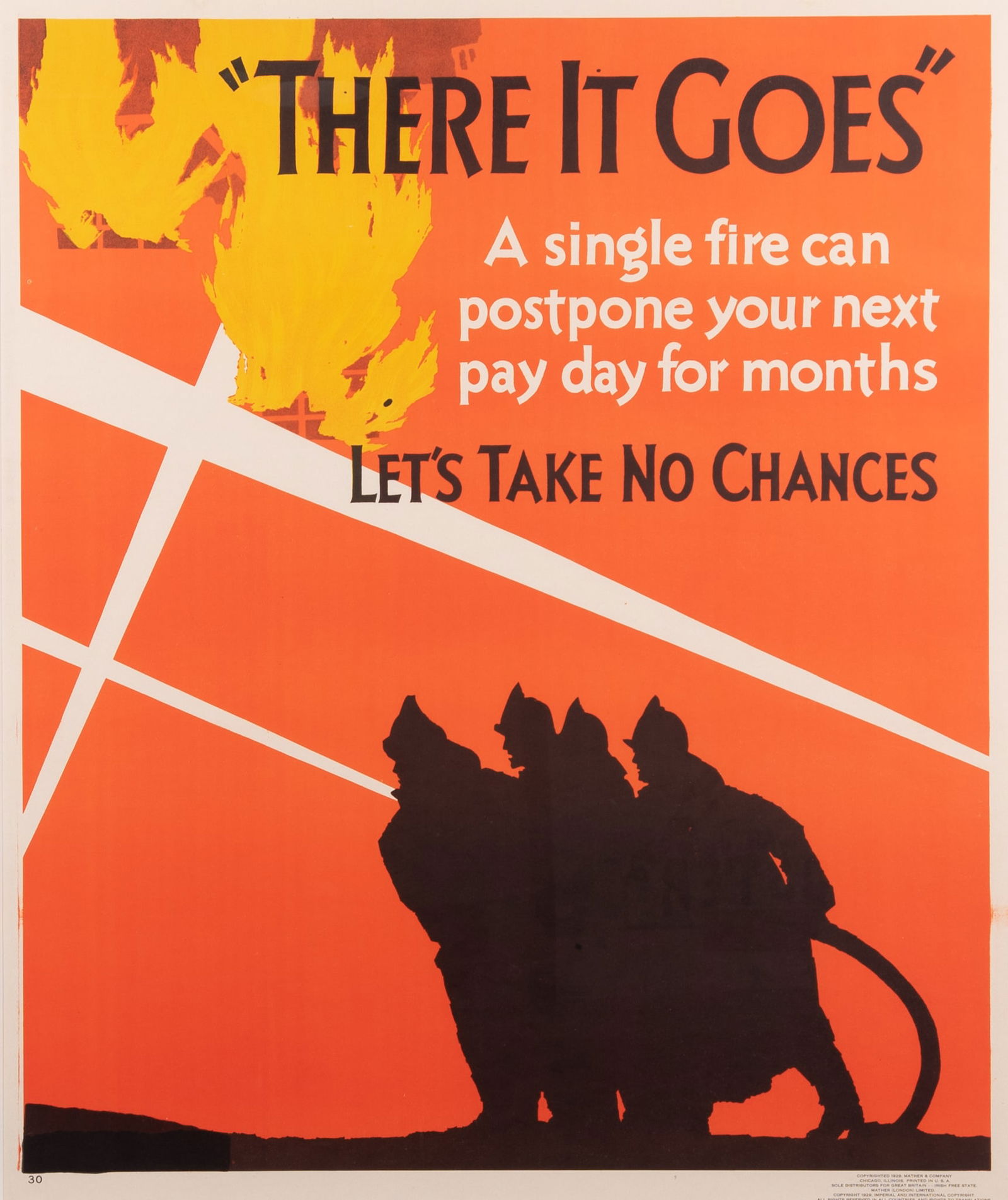 Charles Mather & Company, 1929, "There it Goes, a single fire can postpone your payday for months, (1 of 5)