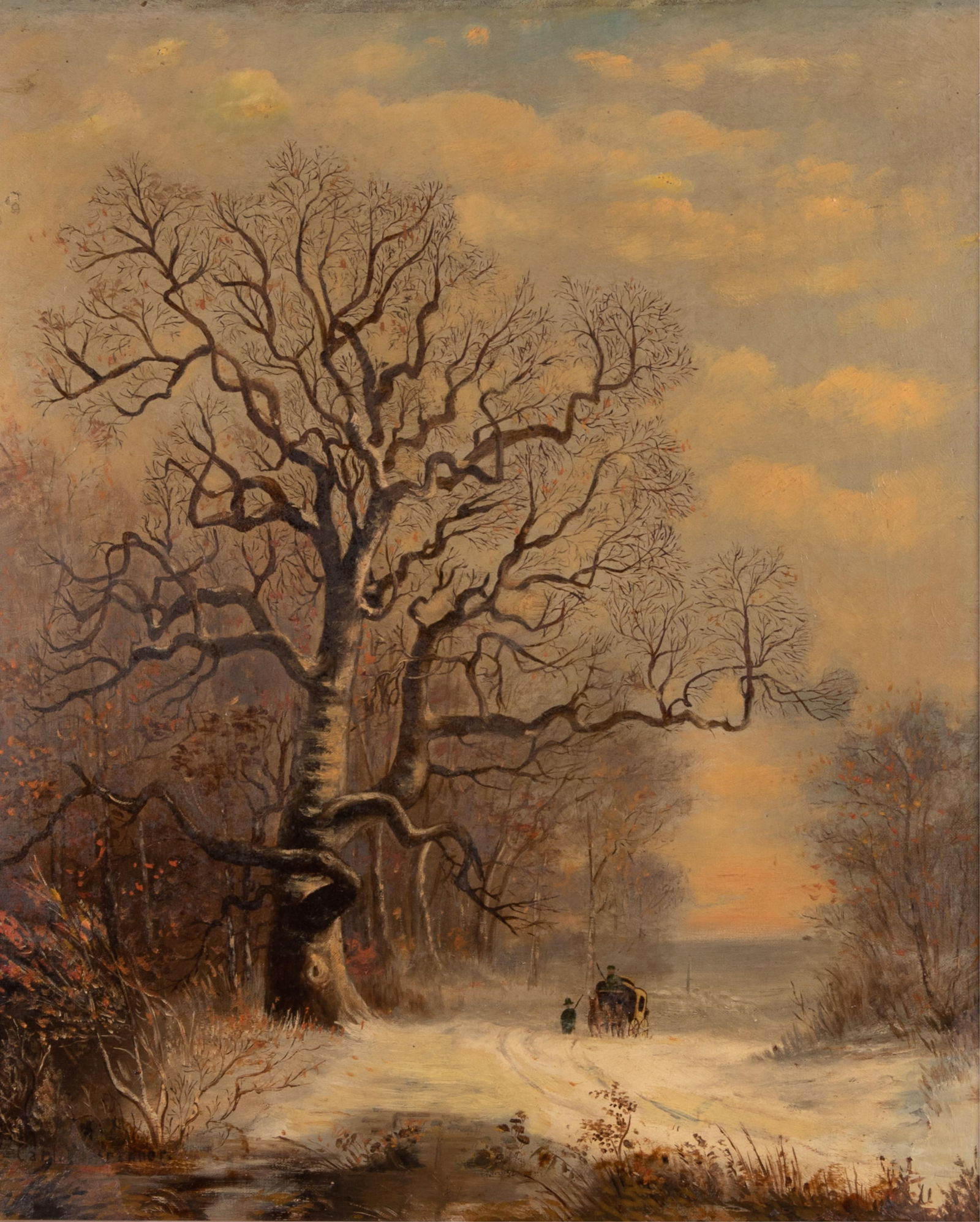 Carl Christian Brenner, Kentucky / Switzerland, Germany (1838-1888), Horse-Drawn Carriage on a Path: Carl Christian BrennerKentucky / Switzerland, Germany, (1838-1888)Horse-Drawn Carriage on a Path in WinterOil on canvassigned lower left gilt-frame23 x 19 inches