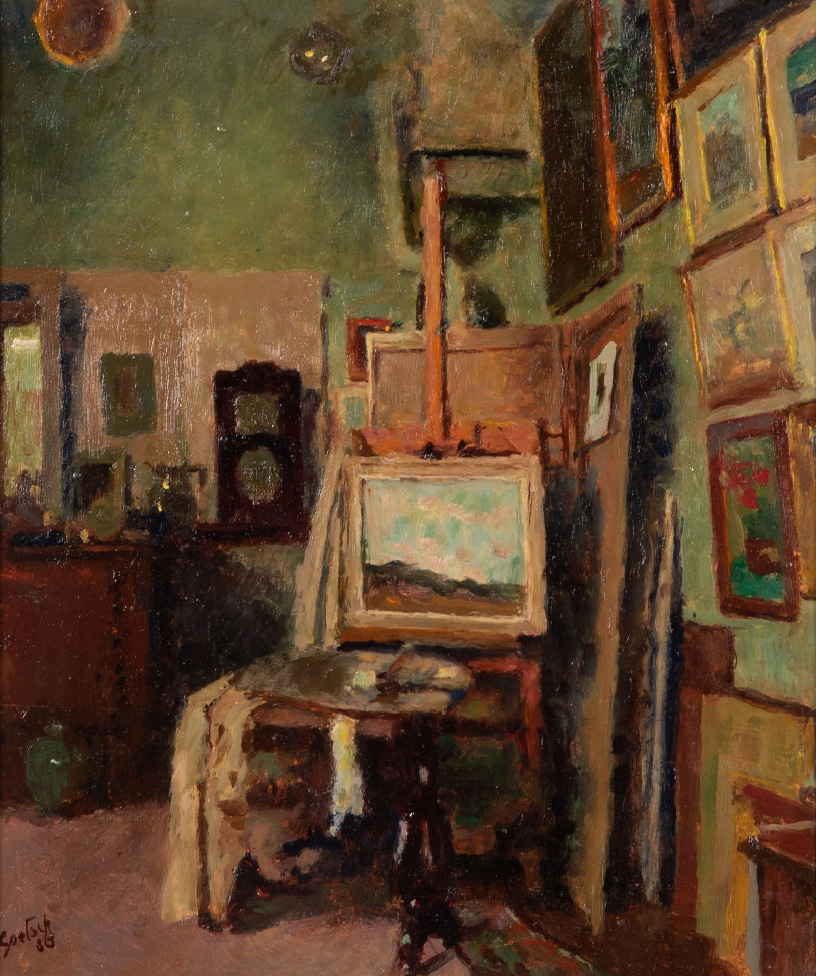 Gustav Frederick Goetsch, Missouri (1877-1969), Interior, Artist's Studio, 1968, oil on board (1 of 4)