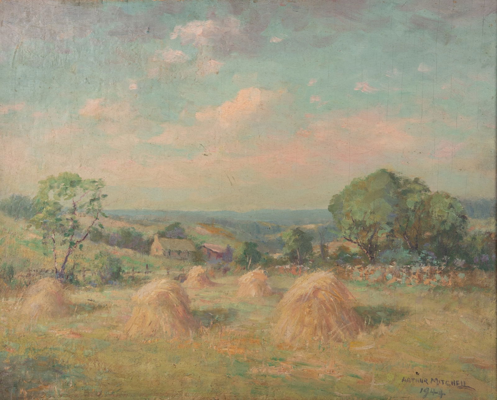 Arthur Mitchell, Missouri / Illinois (1864-1954), Haystacks, 1944, oil on panel (1 of 5)