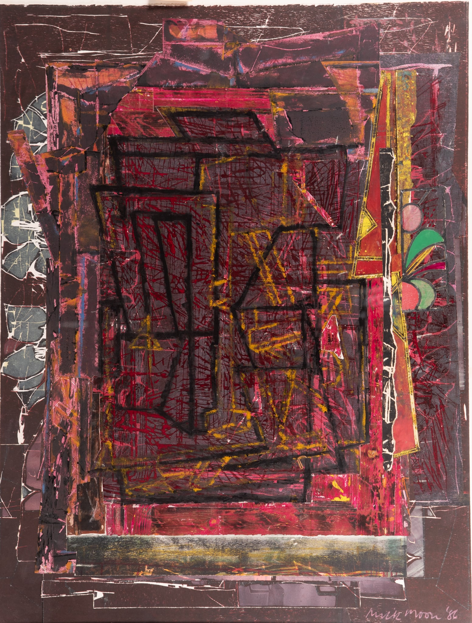 Mick Moon, American (b. 1937), From the Studio, 1986, Monotype with Mixed Media Collage: Mick MoonAmerican, (b. 1937)From the Studio, 1986Monotype with Mixed Media Collage,signed and dated lower right, framed.