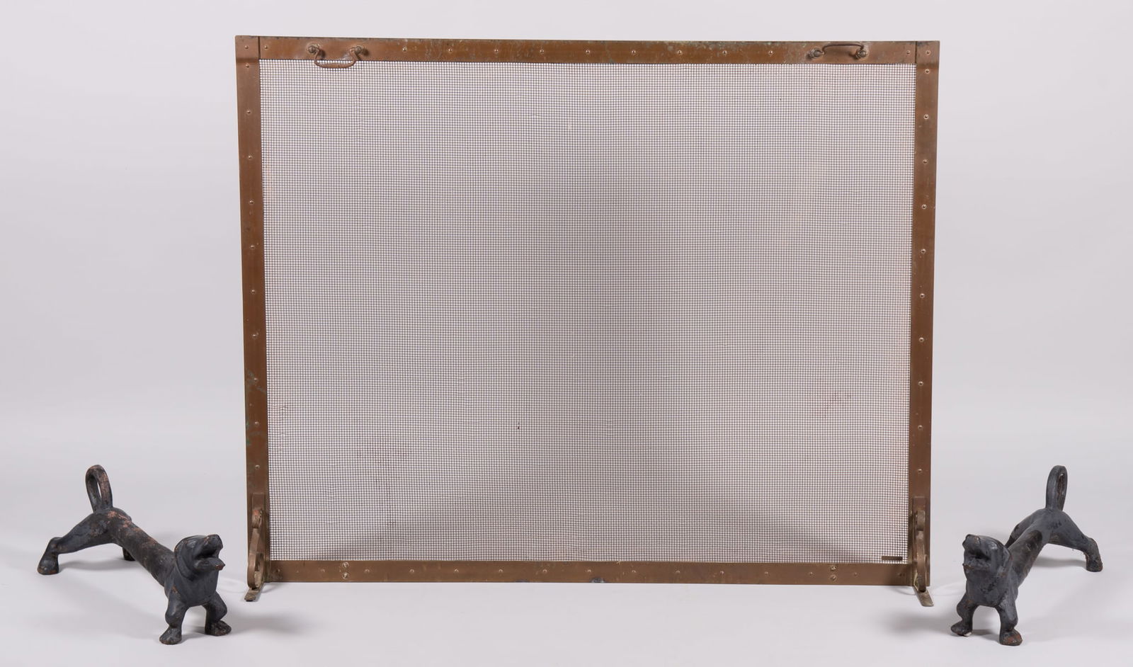 Large Vintage Copper and Metal Mesh Fireplace Screen and Cast Iron Dauschund Dog Andirons (1 of 4)