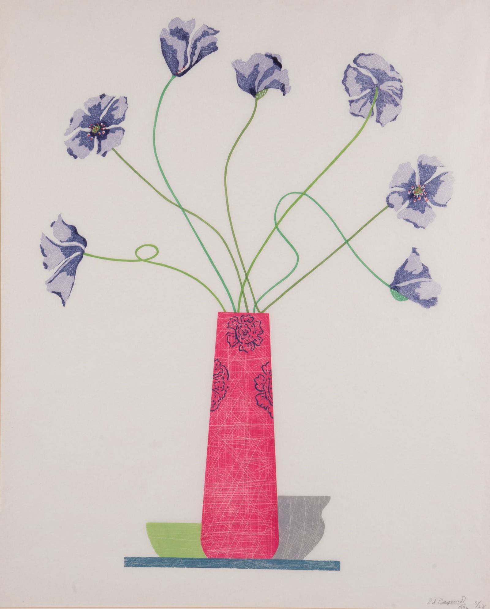 Ed Baynard, American (1940-2016), Blue Poppies, 1996, color woodcut, ed. 3/28: Ed BaynardAmerican, (1940-2016)Blue Poppies, 1996color woodcut, ed. 3/28signed, dated, and numbered in pencil lower right, framed.30 x 24 inches (visible)