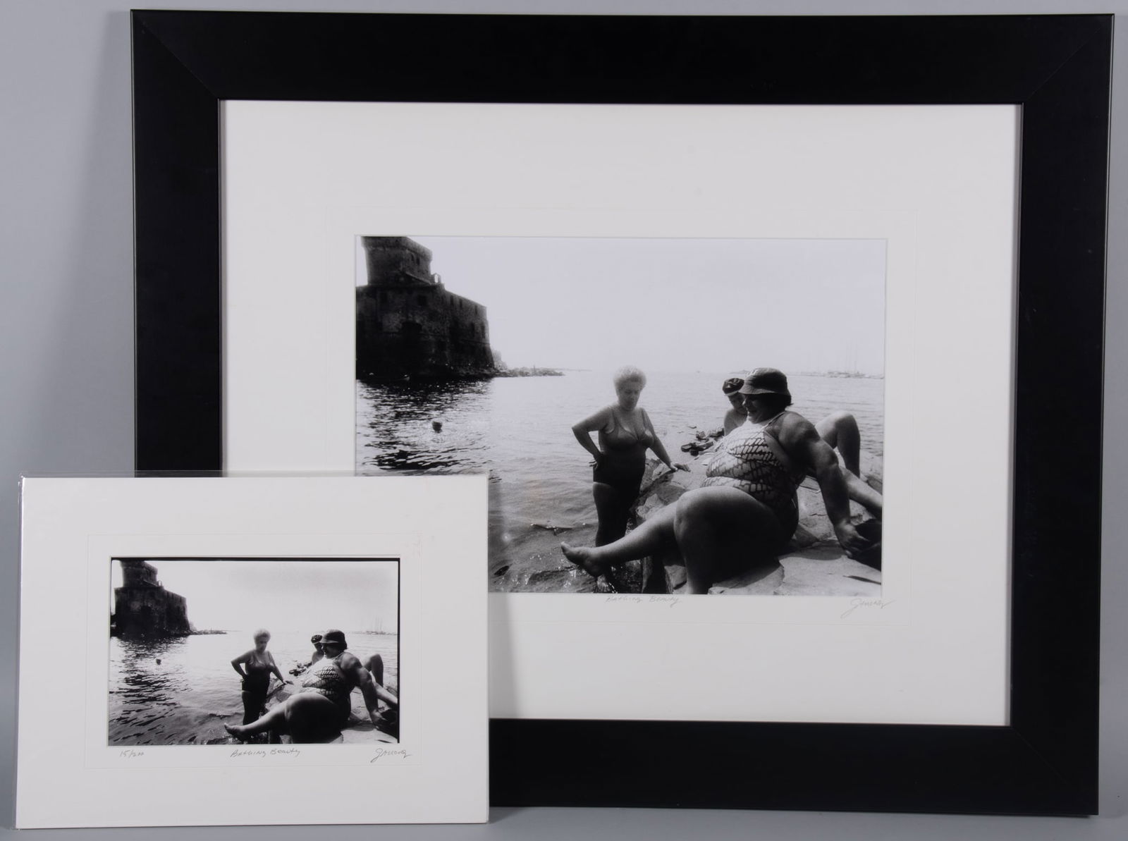 Ginny Ganong Nichols, Bathing Beauty, black and white photograph and Enlarged: Ginny Ganong NicholsBathing Beautyblack and white photograph and Enlargedone is mounted 16 x 22 image size 7 1/4 x 10 inches (image)Enlarged image size 27 1/2 x 33 1/2, framed frame size 33 1/2 x 28 i