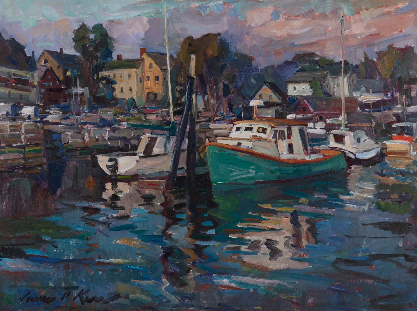 James P. Kerr, Florida, North Carolina (b. 1953), Boats in Harbor, oil on canvas (1 of 4)