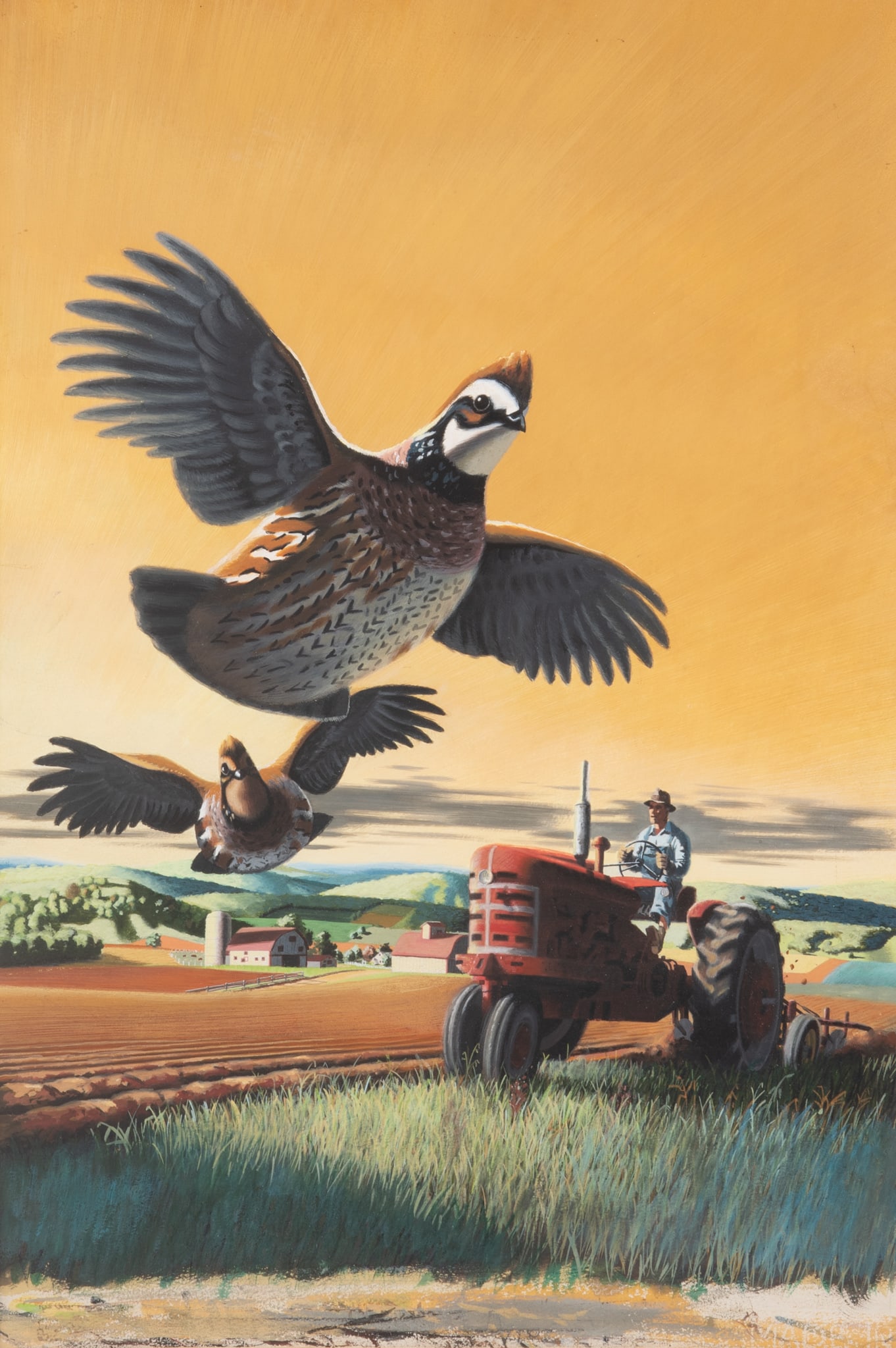 American mid-20th Century, Farm Scene with Birds Flying over a Field, gouache (1 of 5)