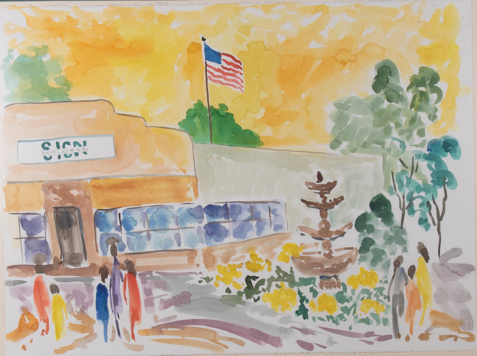 Brother Cletus Behlmann, Missouri, Texas (1933-2016), Figures outside a Building, watercolor: Brother Cletus BehlmannMissouri, Texas, (1933-2016)Figures outside a Buildingwatercolorsigned in pencil left center, framed.23 x 30 inches