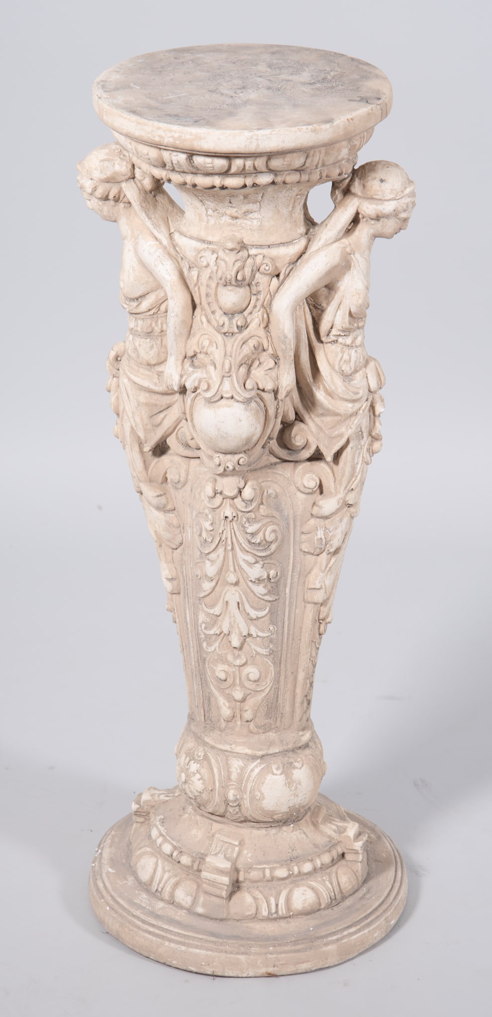Neoclassical Maidens of European Manner Pedestal Sculpture: Neoclassical Maidens of European Manner Pedestal Sculpture Pedestal sculpture featuring a pair of Neoclassical style maidens, Neoclassic relief designs surrounding the maidens. height: 31 inches
