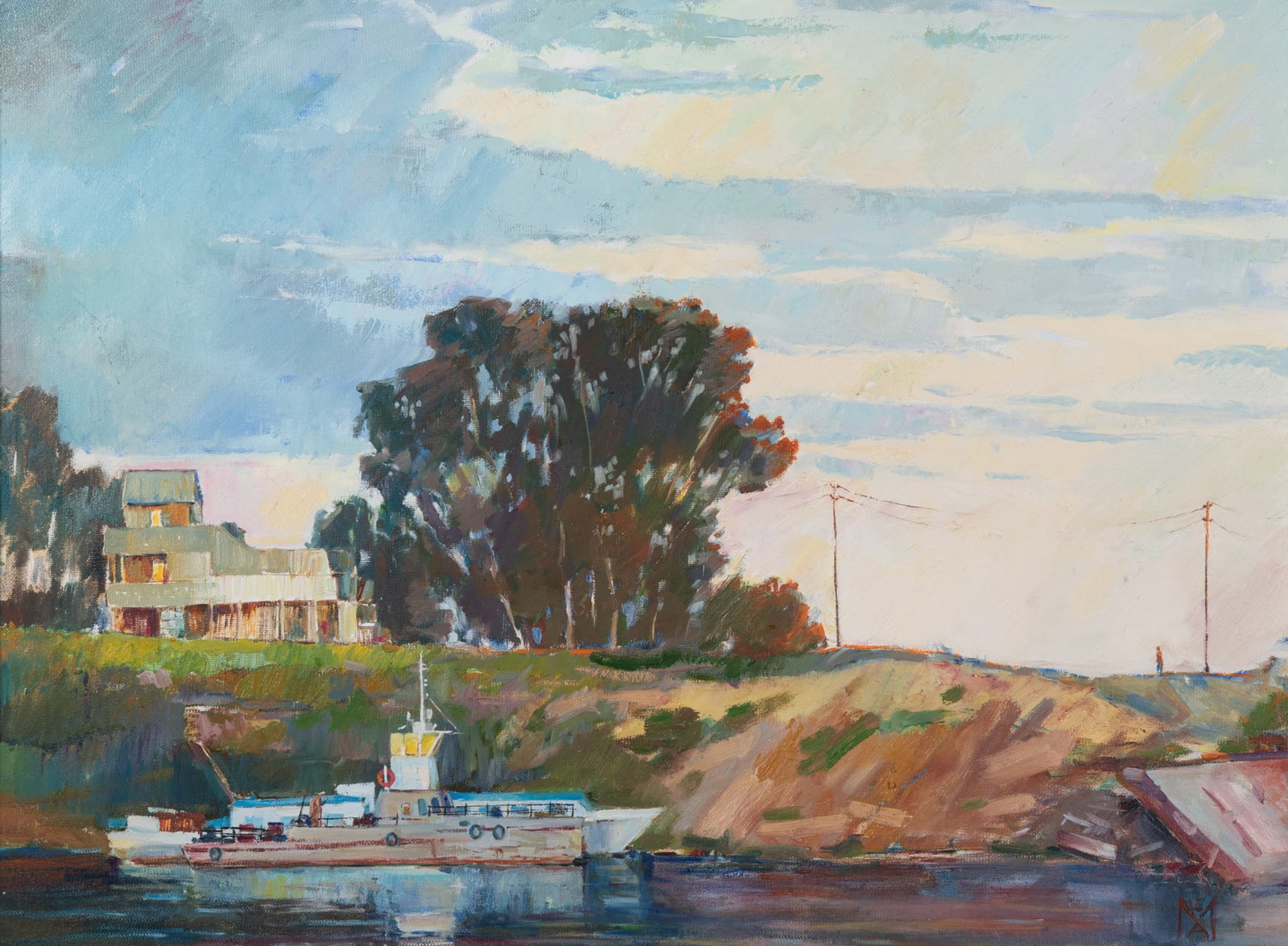 Mary Batmanyan, Russia 20th / 21st Centuries, Boat on a River, oil on canvas: Mary Batmanyan Russia, 20th / 21st Centuries Boat on a River oil on canvas initialed lower right, and signed on the reverse, gilt-framed. 22 x 29 inches