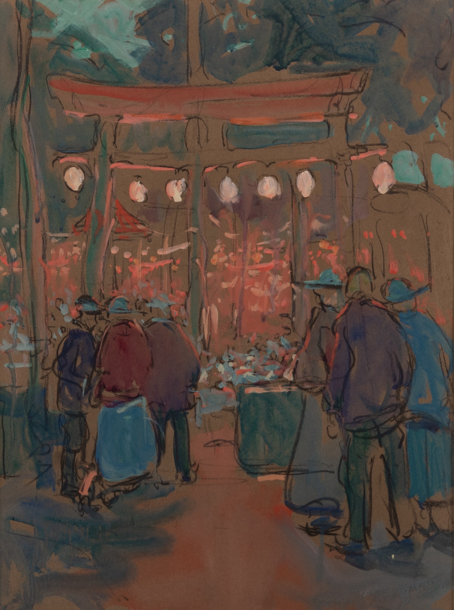 Jane Peterson, Massachusetts, New York, Kansas, Illinois / France, Italy (1876-1965), Cafe Scene,: Jane PetersonMassachusetts, New York, Kansas, Illinois / France, Italy, (1876-1965)Cafe Scenegouache on brown paperframed.Provenance: Hirschl & Adler Galleries, Inc, New York, N.Y.23 1/2 x 17 1