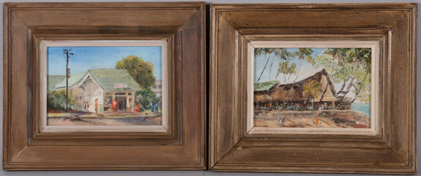 Betty Hay Wodehouse Freeland, Hawaii, New York (b. 1941), "Queen's Surf" and "Chink Store," 1972,: Betty Hay Wodehouse Freeland Hawaii, New York, (b. 1941) "Queen's Surf" and "Chink Store," 1972 two oil paintings on canvas both signed on the recto and again with titles and dates