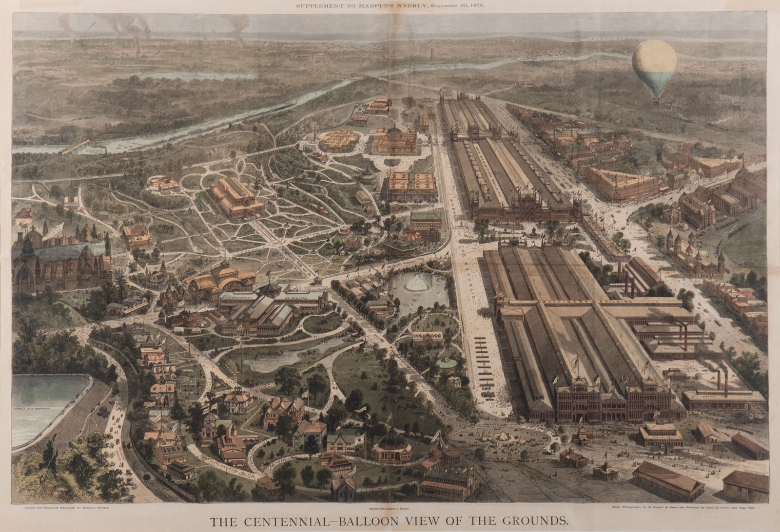 The Centennial - Balloon View of the Grounds, Supplement to Harper's Weekly, September 30, 1876 (1 of 5)